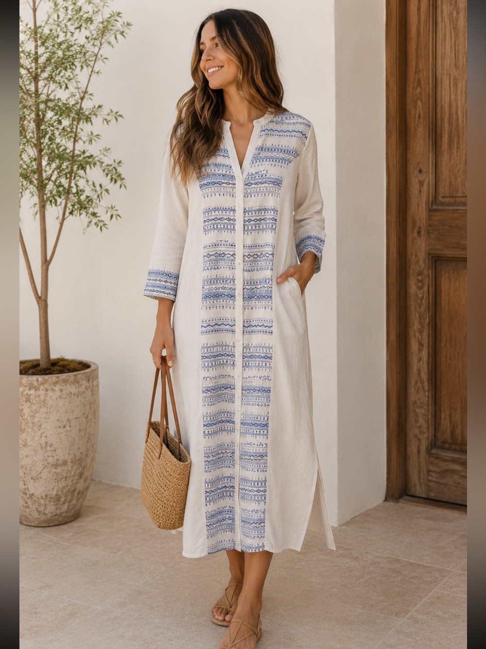 Westside 100% Cotton Blue White Printed Button Front Midi Dress Size M
